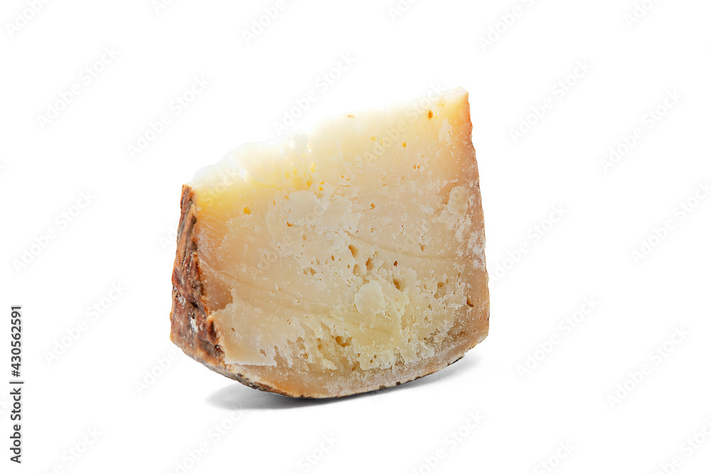 a piece of aged pecorino cheese in white background