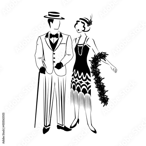 Beautiful Couple in retro evening clothes 1920. Vector silhouette of a man and a woman in vintage style drawn by lines for decorating a flyer, postcard or label