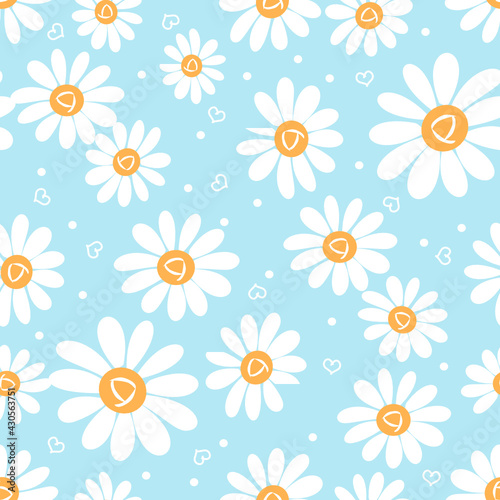 Seamless pattern with daisy flower on blue background vector illustration. Cute floral print. © Thanawat