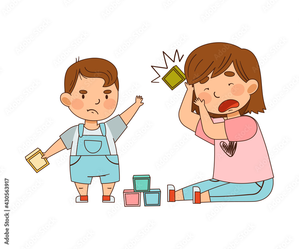 Warring Little Brother Throwing Toy Block to His Sister as Family