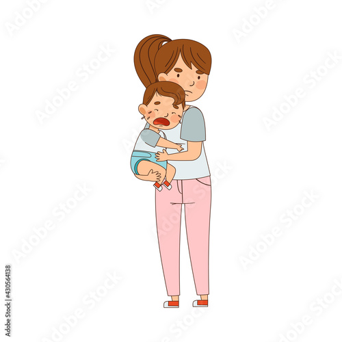 Young Mother Holding Her Crying Baby Boy with Arms and Hugging Him Vector Illustration