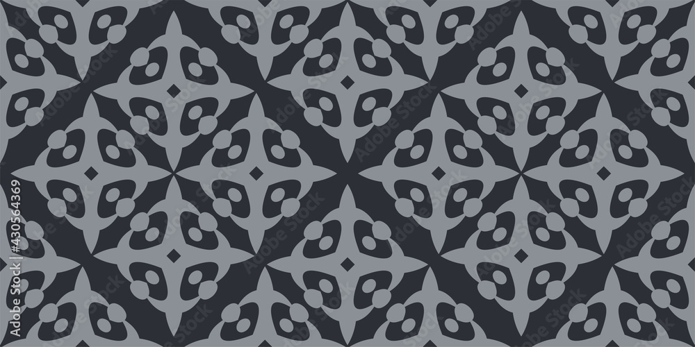 Decorative background pattern with gray elements on a black background, wallpaper. Seamless pattern, texture. Vector illustration