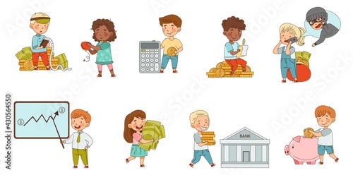 Little Children Carrying Money on Bank Deposit and Counting Cash Vector Set