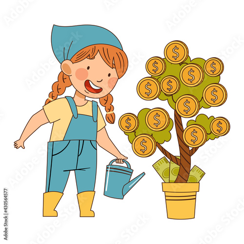 Little Girl in Jumpsuit Watering Money Tree Vector Illustration