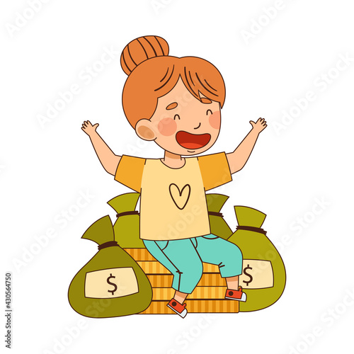 Happy Little Girl Sitting on Pile of Coins with Dollar Sack Nearby Vector Illustration