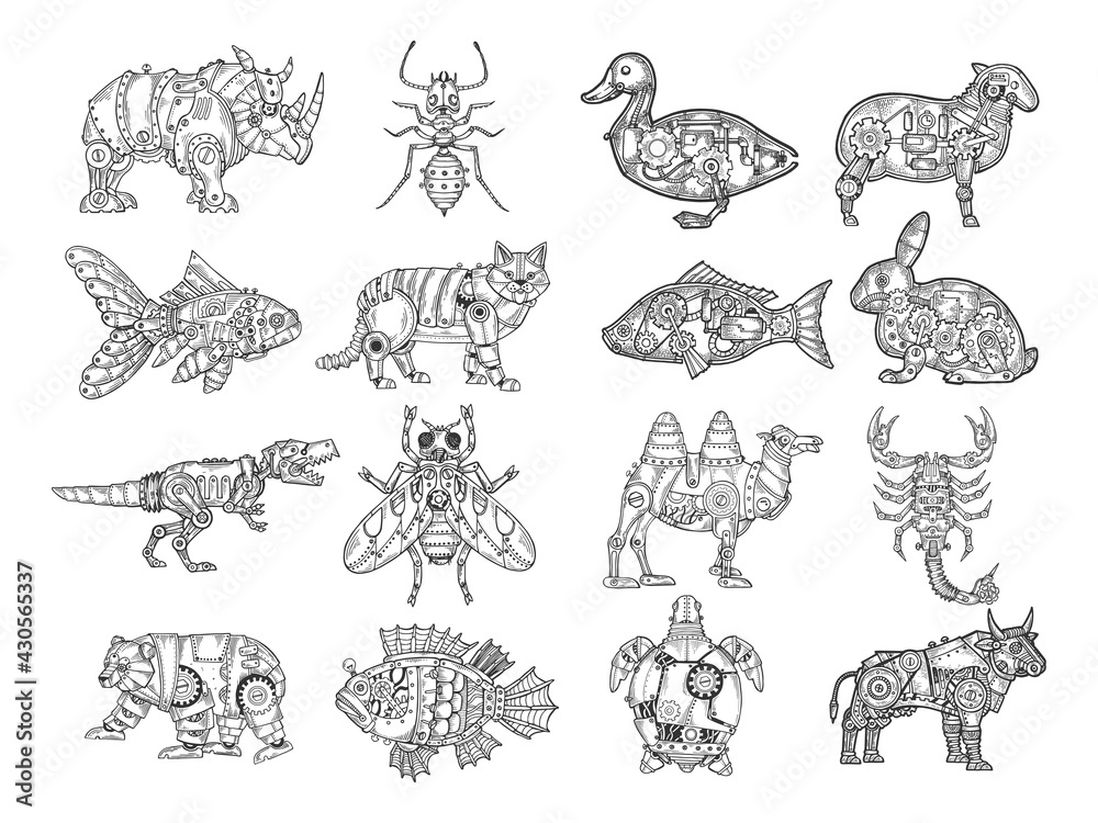 Obraz premium Mechanical animal set sketch raster illustration