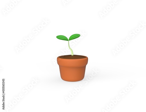 Little Green Sprout in a pot isolated white background. 3D render model design.