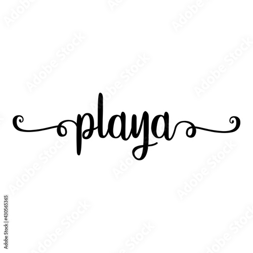 Banner con texto manuscrito playa en español escrito a mano con florituras en color negro