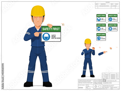 Set of industrial worker is presenting safety sign on white background