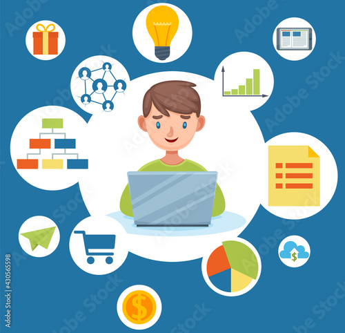 Kid creativity, mindmap and brainstorm vector illustration on blue background teenager at laptop. Boy sits with computer surrounded by icons about business and online shopping. Education and success