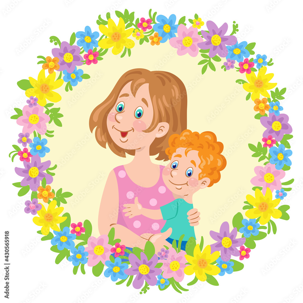 Happy Mother's Day. Young woman with a small child in her arms. Portrait in a floral frame. In cartoon style. Isolated on white background. Vector illustration.