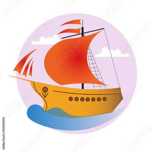 sailing shipt with sails up, flat style illustration  photo