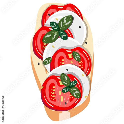 Sandwich with tomato and mozzarella on white background. Vector illustration.
