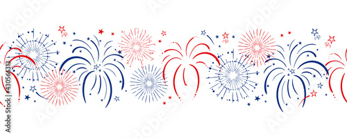 Fun hand drawn firework seamless pattern in red, blue white colors, party background, great for Independence day, fabrics, banners, wallpapers, wrapping - vector design photo