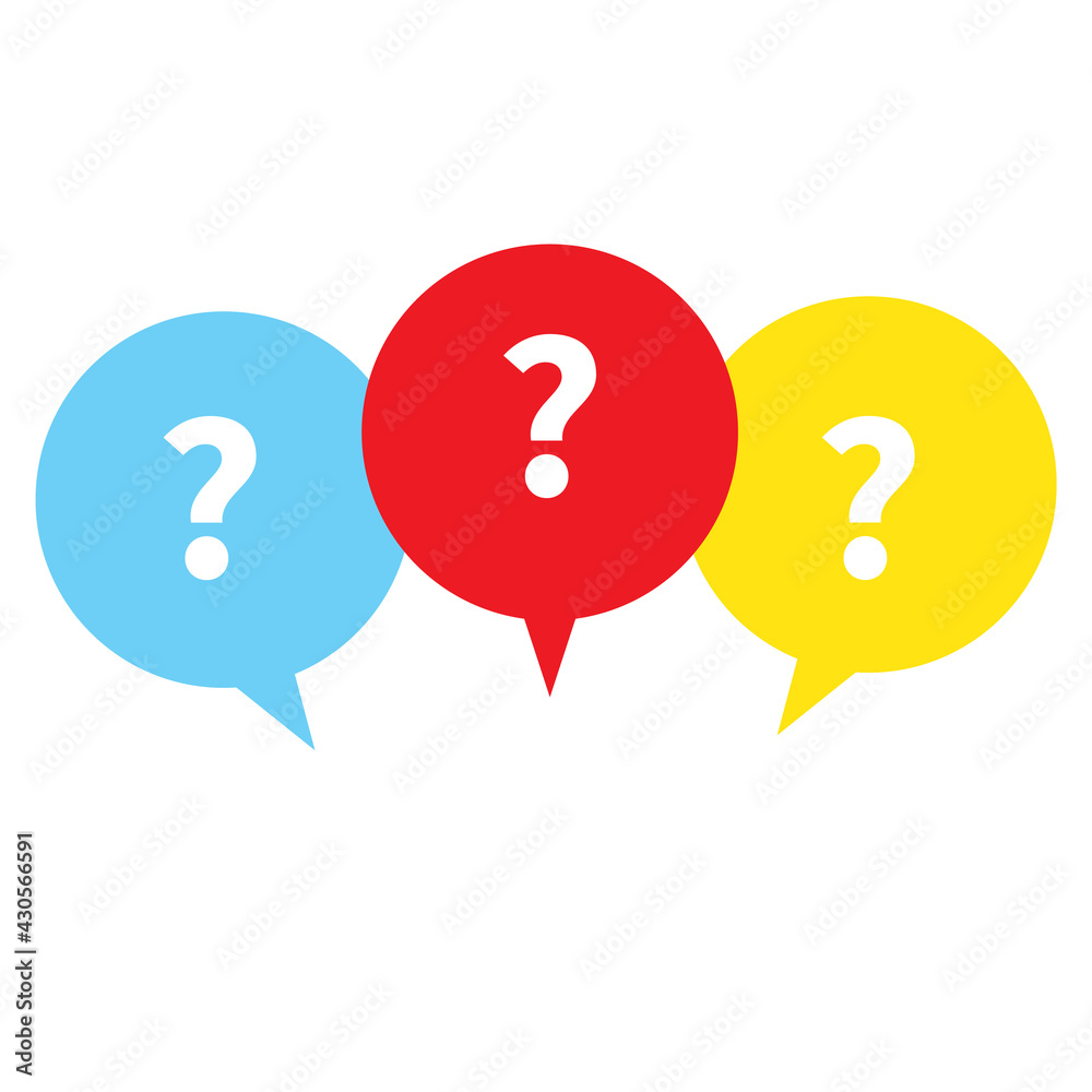 FAQ sign in white background. question mark with color speech bubbles sign. message box with question mark symbol. flat style. FAQ sign in white background. question mark with color speech bubbles sign. message box with question mark symbol. flat style.