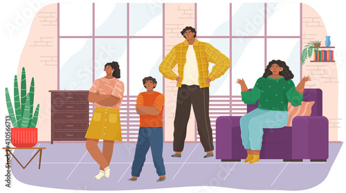 Mutual relations of parents and children, mom and dad scream and scold their naughty children, negative teenagers emotions. Family conflict. Angry parents and sad child, problems in education