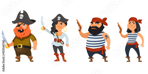 Male and female pirates holding weapons. Funny characters in cartoon style.