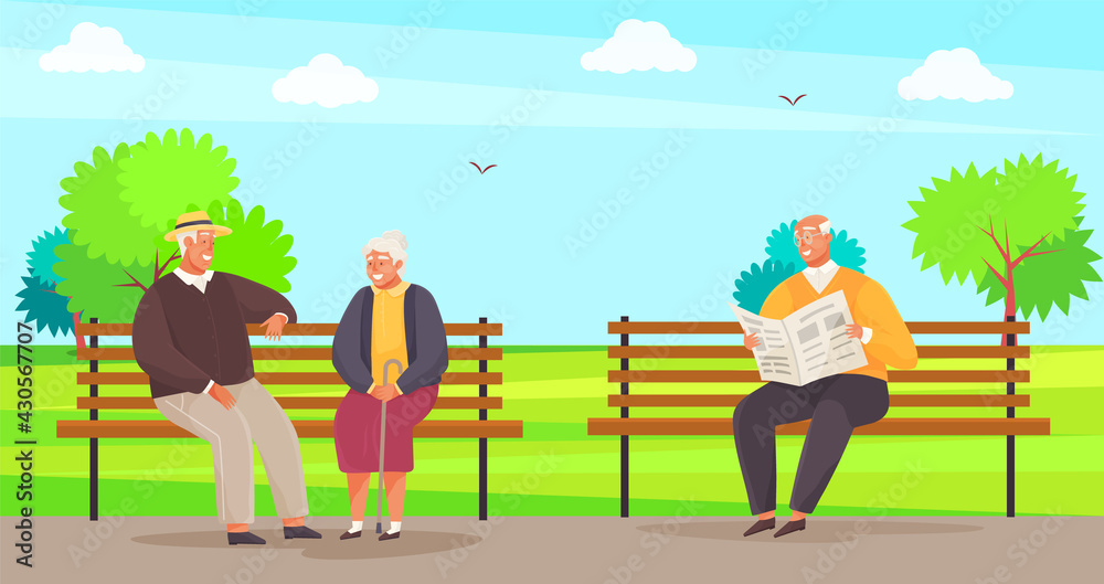 Elderly couple spend time in city park sitting on bench. Man sitting and reading newspaper in garden. Rest of old-aged people outdoors. Grandmother and grandfather talking while sitting on bench Elderly couple spend time in city park sitting on bench. Man sitting and reading newspaper in garden. Rest of old-aged people outdoors. Grandmother and grandfather talking while sitting on bench