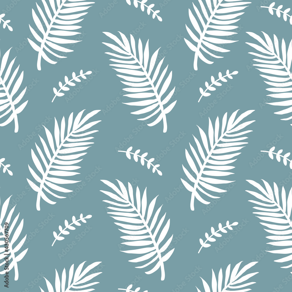 Modern minimalist abstract seamless pattern with tropical white palm leaves on blue background. Creative contemporary design. Vector illustration