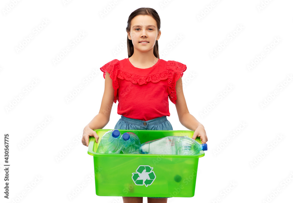 recycling, waste sorting and sustainability concept - smiling girl holding box with plastic bottles over white background recycling, waste sorting and sustainability concept - smiling girl holding box with plastic bottles over white background