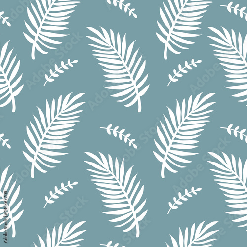 Modern minimalist abstract seamless pattern with tropical white palm leaves on blue background. Creative contemporary design. Vector illustration © Elena