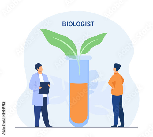 Tiny biologist with plant in huge glass testing tube. Cartoon characters looking at leaves, experiment flat vector illustration. Biology, science concept for banner, website design or landing web page