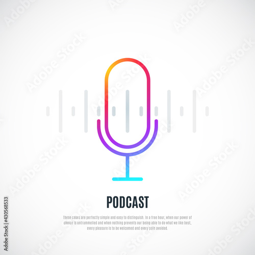 Studio table microphone with broadcast and text Podcast. Vector concept design for podcast or radio show.