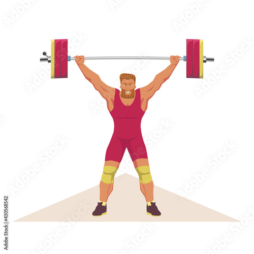 An athlete stands straight and holds the bar with both hands. A weightlifter with a formidable expression holds a barbell above his head. Weightlifting competition scene. Vector flat design.