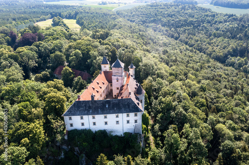 Aerial view, Greifenstein Castle, Franconian Switzerland, Upper Franconia, Bavaria, Germany,