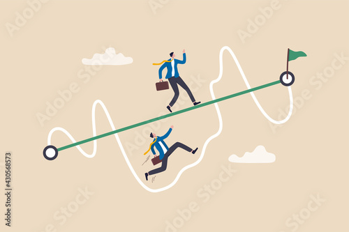 Easy or shortcut way to win business success or hard path and obstacle concept, businessmen competing with smart guy running on straight easy way and other on hard messy path. photo