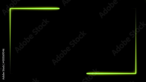 Two green neon lines moving and constituting rectangle frame over the screen border on black background. Abstract backdrop 3D rendering 4k video.