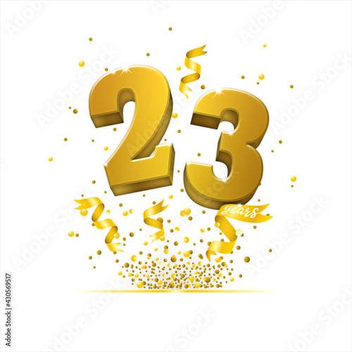 Fototapeta Naklejka Na Ścianę i Meble -  Poster template for Celebrating 23 anniversary event party. Gold 3d numbers with glitter gold confetti, serpentine. Festive background for celebration event, wedding, greeting card. New Year 23