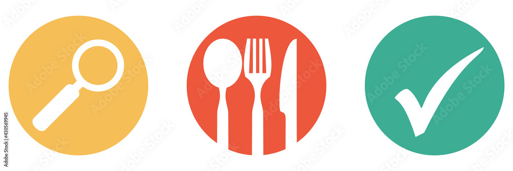 Bunter Banner mit 3 Buttons: Restaurants und Essen suchen Bunter Banner mit 3 Buttons: Restaurants und Essen suchen