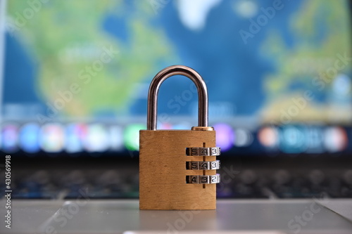 Padlock with blur computer screen. Internet security, concept photo. Security protocol 443.
