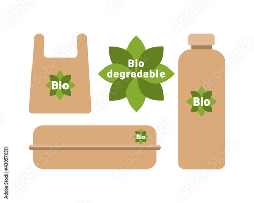 Set of biodegradable packaging bag box container bottle. Ecology concept. Vector illustration