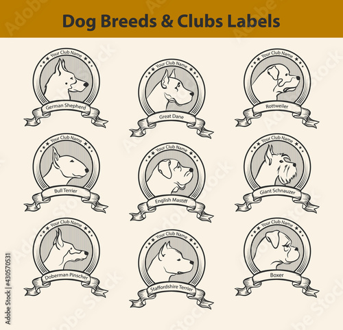 Set of dog breeds labels, canine clubs emblems. Profile silhouette pets faces badges.