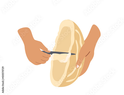 Gourmet cheese Raclette.Hand holding piece of delicious creamy chees and Scraping with knife melted part.Colored flat vector illustration of Swiss,French delicatessen food isolated on white background