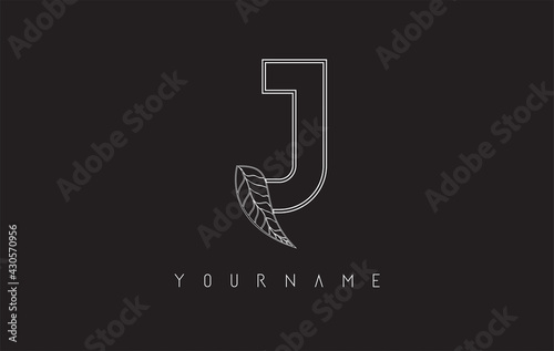 White Outline J Letter Logo with outline leaf design. Vector illustration, icon, concept for your personal branding or company.