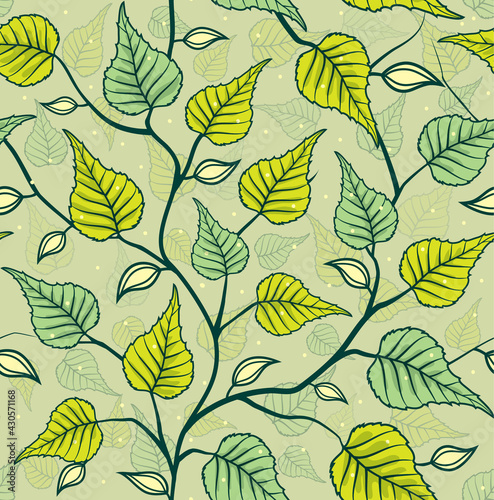 sprinng summer seamless pattern with birch leaves and branches