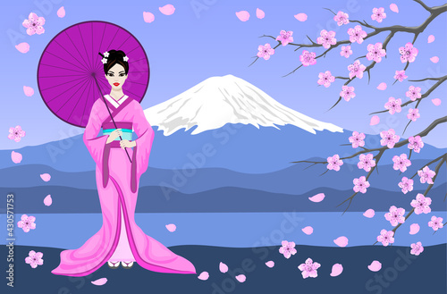 Japanese Geisha in Traditional Kimono Vector Illustration. Mountain Fuji, Sakura Tree Branches and Flowers Scene