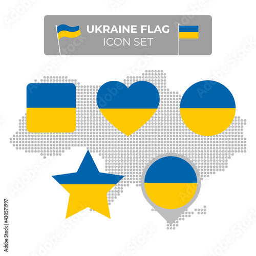 Ukraine flag icons set in the shape of square, heart, circle, stars and pointer, map marker. Mosaic map of ukraine. Vector ukrainian flat symbol, icon, button