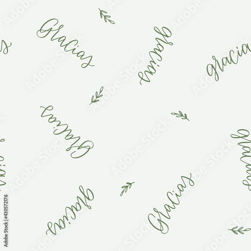 Eco friendly packaging vector design with Gracias, which means Thank you, lettering in Spanish language. Off-White background and moss green repeat appreciation words and leaves.