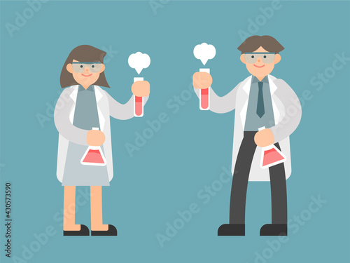 Male and Female chemists cartoon characters. For laboratory research. Flat minimal vector.