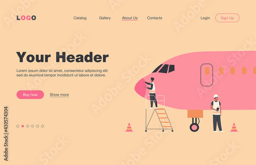 Plane service isolated flat vector illustration. Cartoon mechanics repairing airplane before flight or adding fuel. Aircraft maintenance and aviation concept