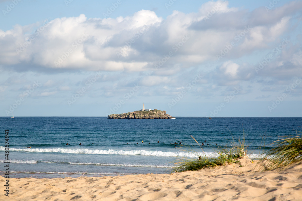 Somo Beach with Mouro Island and Lighthouse; Santander