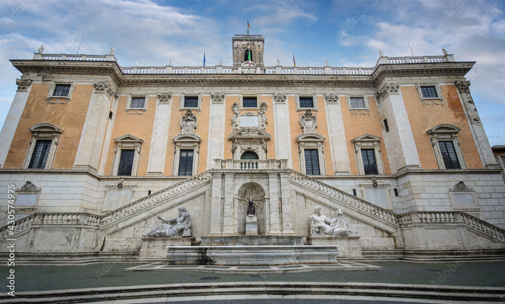 Rome, Italy. Senatorial Palace, municipal building on Roman foundations with bell tower and Michelangelo elements in hilltop square Piazza del Campidoglio.