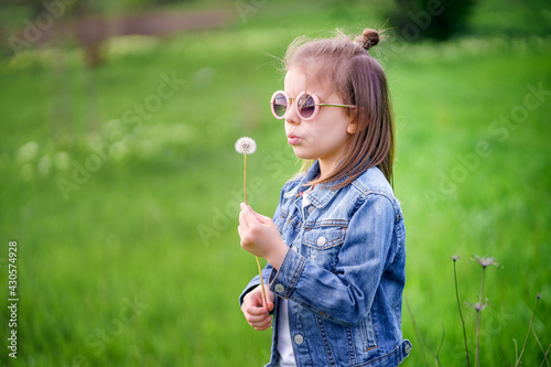 Beautiful little girl in denim clothes and rounded sunglasses blowing on a dandelion outdoor in the park