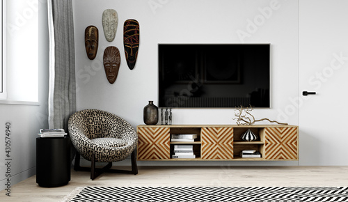 Modern interior of living room in African style. 3d rendering.