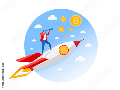 Businessman with bitcoins  looking through a telescope on rocket. Man makes plans and invest for the future. vector illustration