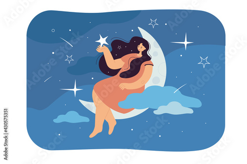 Happy woman sitting on crescent and holding star flat vector illustration. Cartoon character sleeping, relaxing and dreaming at night. REM state and healthy dreams concept